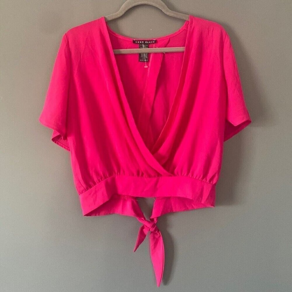 Flirty Feminine Vibrant Pink Wrap Tie Blouse Festival Summer Ready Barbie Chic